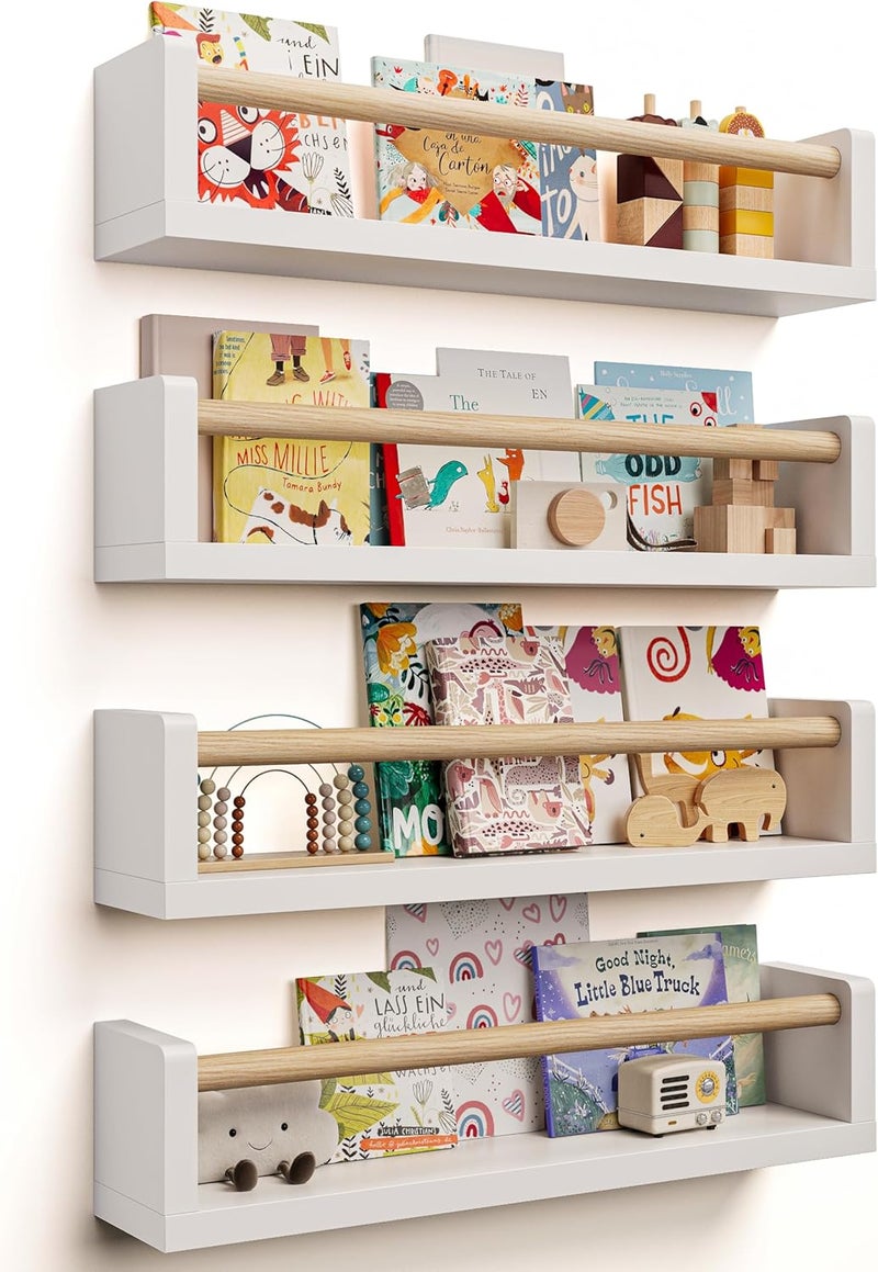 Seocry Includes Hardware, No Wood Inserts Needed Nursery Book Shelves, 4 Pack, Wall Book Shelves for Kids Room, Baby, Toddler, Nursery Decor - Image 1